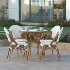 Emma & Oliver Colmar Indoor/Outdoor Bistro Style 31.5 in. Table with PE Rattan, Glass Top, and Four Chairs - Metal Frame