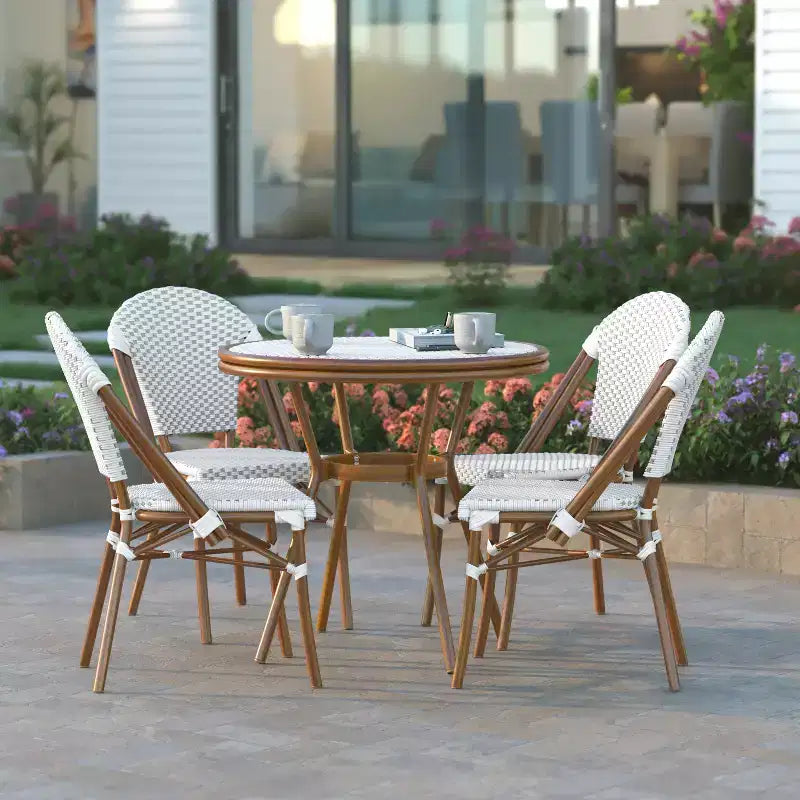 Emma & Oliver Colmar Indoor/Outdoor Bistro Style 31.5 in. Table with PE Rattan, Glass Top, and Four Chairs - Metal Frame