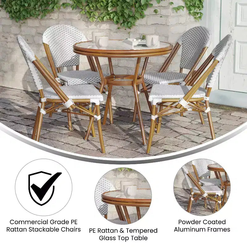 Emma & Oliver Colmar Indoor/Outdoor Bistro Style 31.5 in. Table with PE Rattan, Glass Top, and Four Chairs - Metal Frame