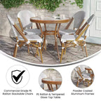 Emma & Oliver Colmar Indoor/Outdoor Bistro Style 31.5 in. Table with PE Rattan, Glass Top, and Four Chairs - Metal Frame