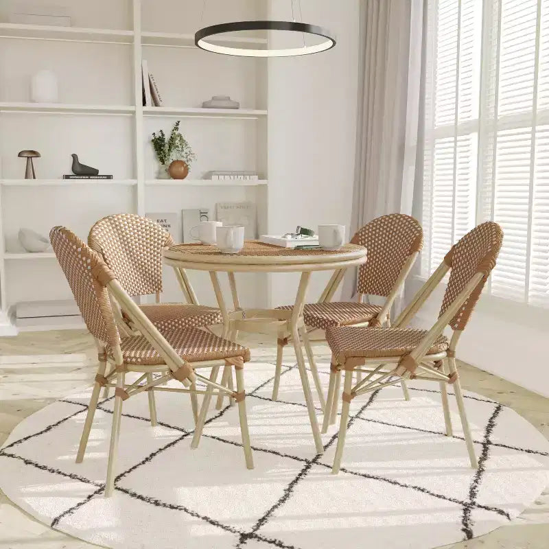 Emma & Oliver Colmar Indoor/Outdoor Bistro Style 31.5 in. Table with PE Rattan, Glass Top, and Four Chairs - Metal Frame
