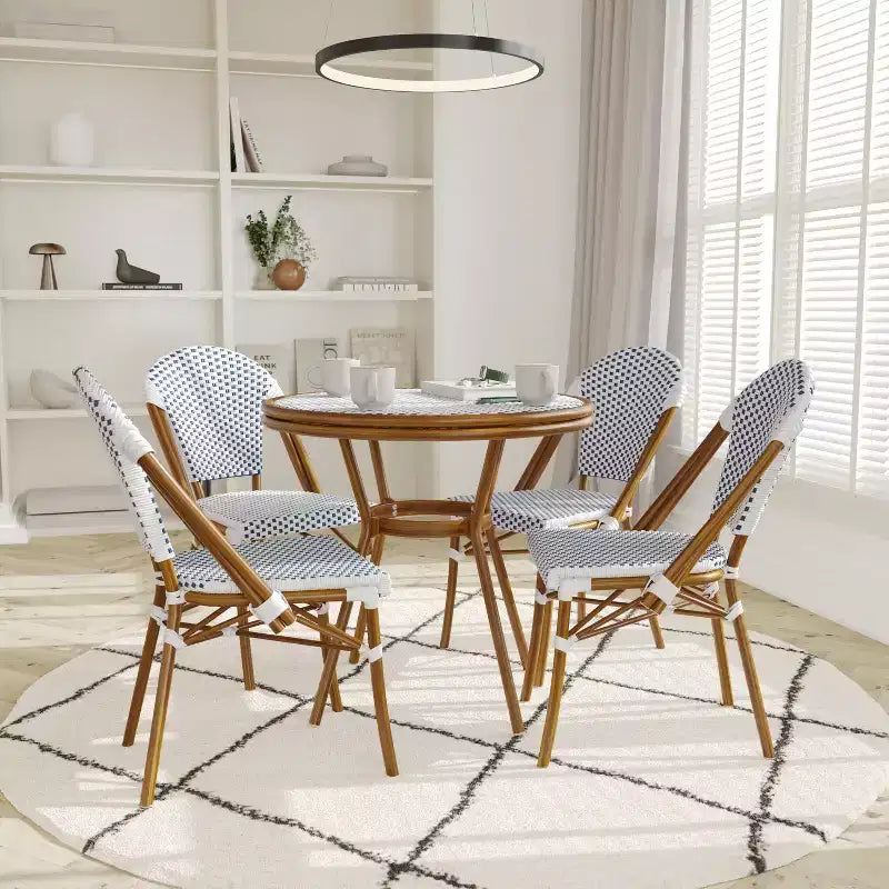 Emma & Oliver Colmar Indoor/Outdoor Bistro Style 31.5 in. Table with PE Rattan, Glass Top, and Four Chairs - Metal Frame