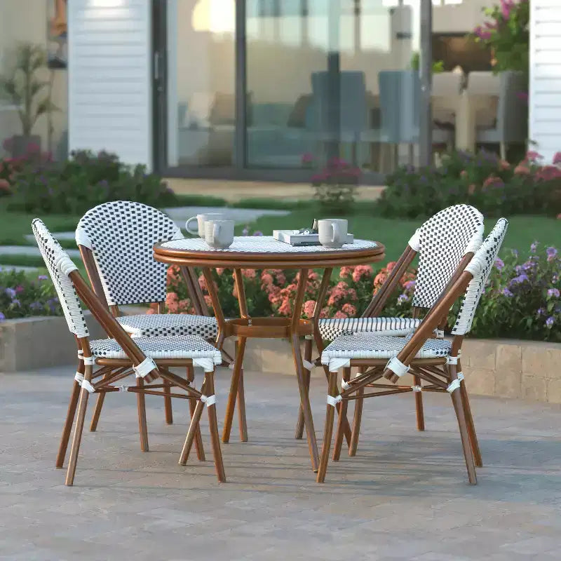 Emma & Oliver Colmar Indoor/Outdoor Bistro Style 31.5 in. Table with PE Rattan, Glass Top, and Four Chairs - Metal Frame