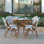 Emma & Oliver Colmar Indoor/Outdoor Bistro Style 31.5 in. Table with PE Rattan, Glass Top, and Four Chairs - Metal Frame