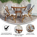 Emma & Oliver Colmar Indoor/Outdoor Bistro Style 31.5 in. Table with PE Rattan, Glass Top, and Four Chairs - Metal Frame