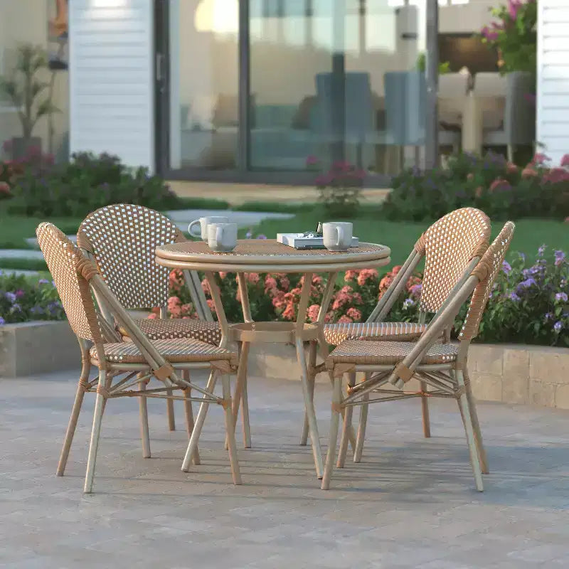 Emma & Oliver Colmar Indoor/Outdoor Bistro Style 31.5 in. Table with PE Rattan, Glass Top, and Four Chairs - Metal Frame