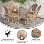 Emma & Oliver Colmar Indoor/Outdoor Bistro Style 31.5 in. Table with PE Rattan, Glass Top, and Four Chairs - Metal Frame