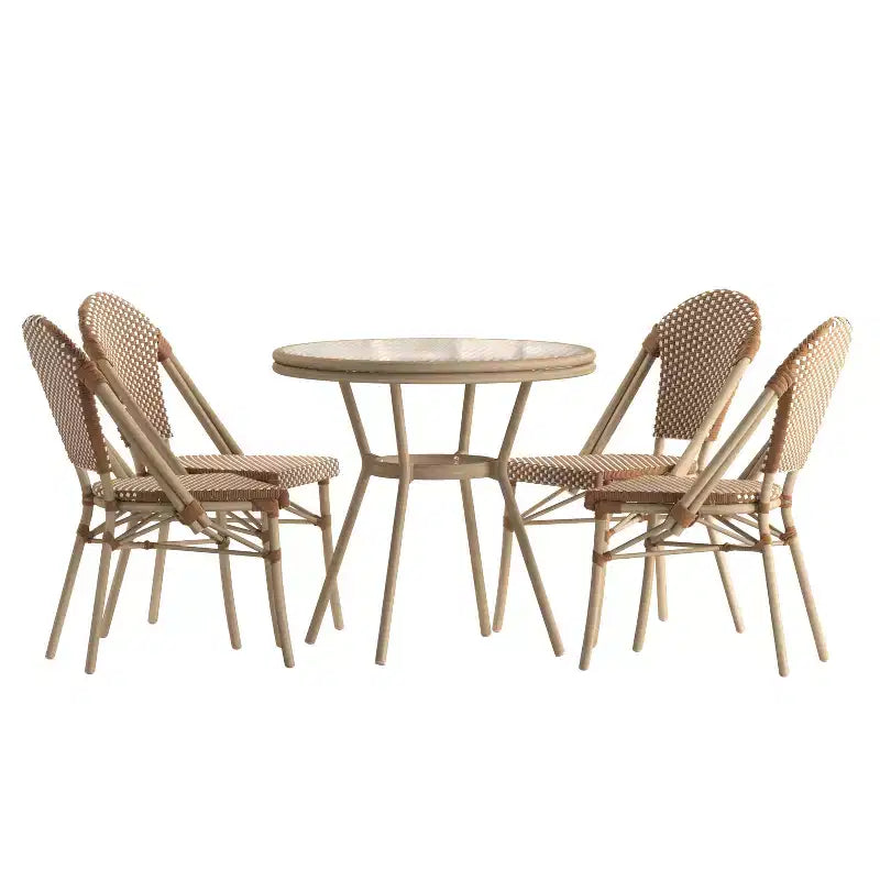 Emma & Oliver Colmar Indoor/Outdoor Bistro Style 31.5 in. Table with PE Rattan, Glass Top, and Four Chairs - Metal Frame