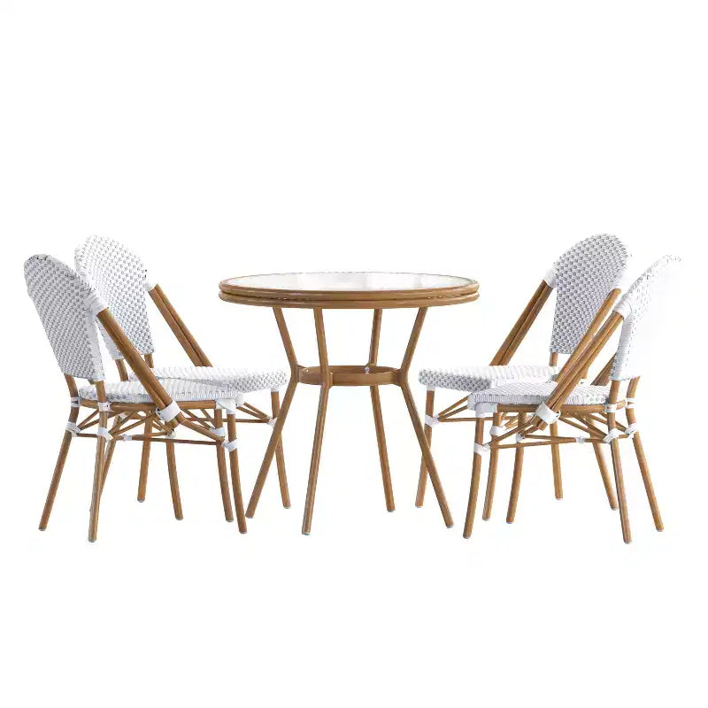 Emma & Oliver Colmar Indoor/Outdoor Bistro Style 31.5 in. Table with PE Rattan, Glass Top, and Four Chairs - Metal Frame