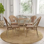 Merrick Lane Mael Bistro Style Table with Glass Top, Textilene, 4 Stack Chairs, and Bamboo Finished Metal Frame for Indoor/Outdoor Use