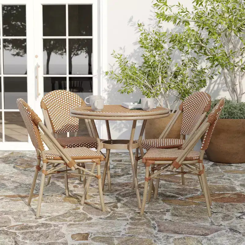 Merrick Lane Mael Bistro Style Table with Glass Top, Textilene, 4 Stack Chairs, and Bamboo Finished Metal Frame for Indoor/Outdoor Use