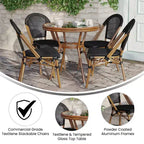 Merrick Lane Mael Bistro Style Table with Glass Top, Textilene, 4 Stack Chairs, and Bamboo Finished Metal Frame for Indoor/Outdoor Use