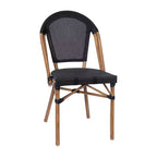 Merrick Lane Mael Bistro Style Table with Glass Top, Textilene, 4 Stack Chairs, and Bamboo Finished Metal Frame for Indoor/Outdoor Use