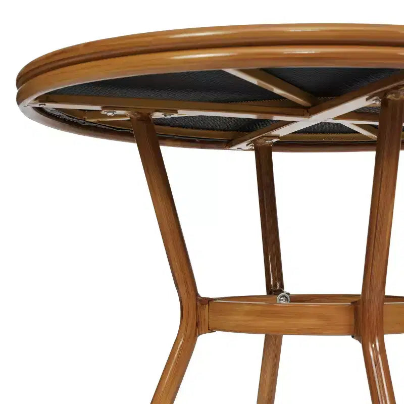 Merrick Lane Mael Bistro Style Table with Glass Top, Textilene, 4 Stack Chairs, and Bamboo Finished Metal Frame for Indoor/Outdoor Use