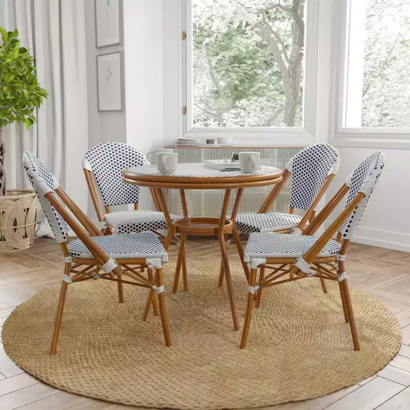Merrick Lane Mael Bistro Style Table with Glass Top, Textilene, 4 Stack Chairs, and Bamboo Finished Metal Frame for Indoor/Outdoor Use