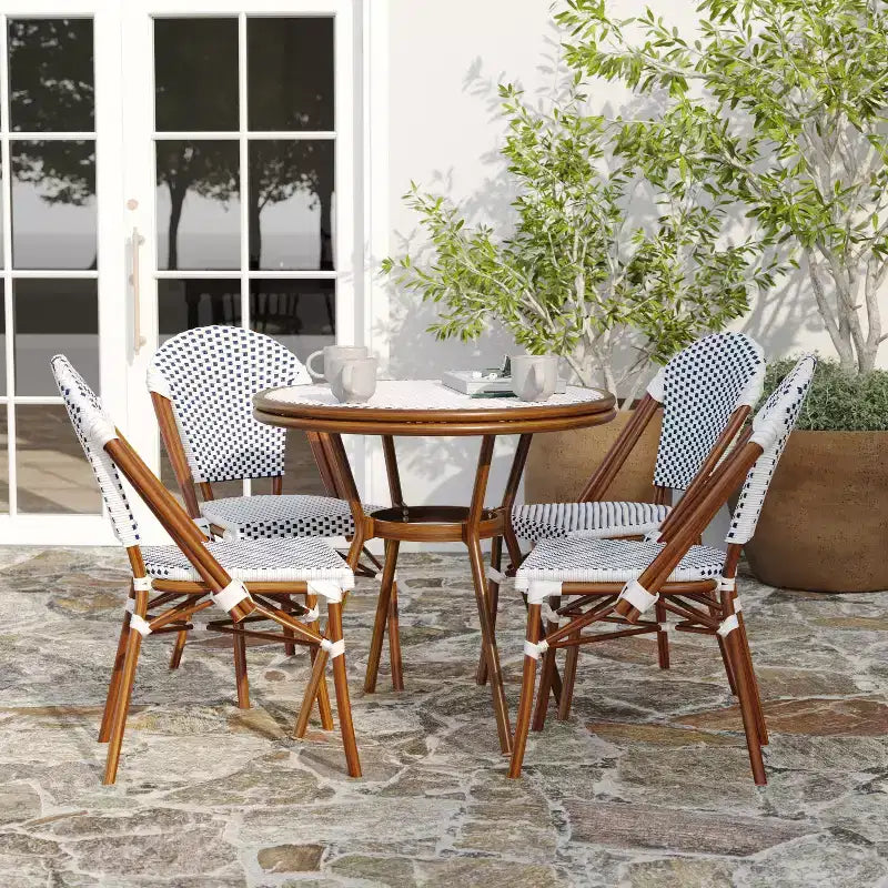 Merrick Lane Mael Bistro Style Table with Glass Top, Textilene, 4 Stack Chairs, and Bamboo Finished Metal Frame for Indoor/Outdoor Use