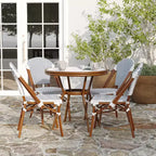 Merrick Lane Mael Bistro Style Table with Glass Top, Textilene, 4 Stack Chairs, and Bamboo Finished Metal Frame for Indoor/Outdoor Use