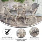Merrick Lane Mael Bistro Style Table with Glass Top, Textilene, 4 Stack Chairs, and Bamboo Finished Metal Frame for Indoor/Outdoor Use