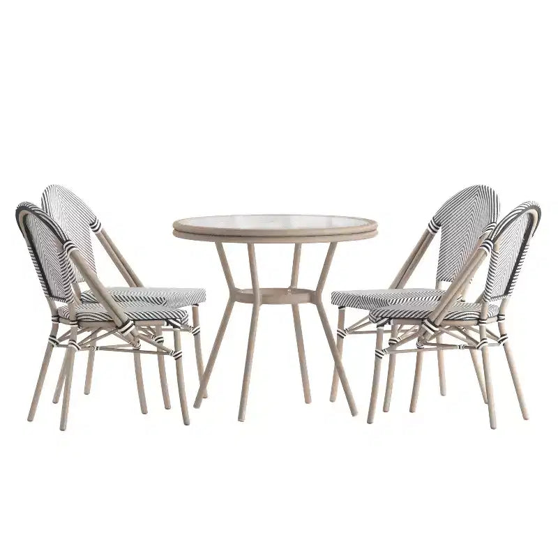 Merrick Lane Mael Bistro Style Table with Glass Top, Textilene, 4 Stack Chairs, and Bamboo Finished Metal Frame for Indoor/Outdoor Use