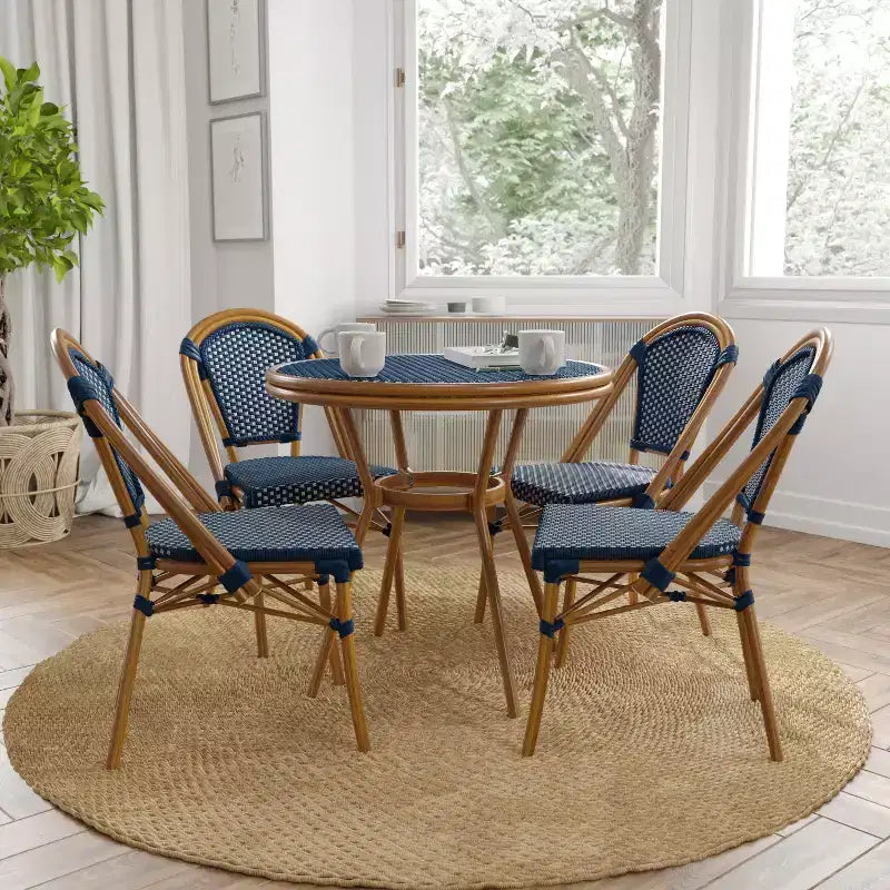 Merrick Lane Sacha Bistro Style Table with Glass Top, PE Rattan, 2 Stack Chairs, and Bamboo Finished Metal Frame for Indoor/Outdoor Use