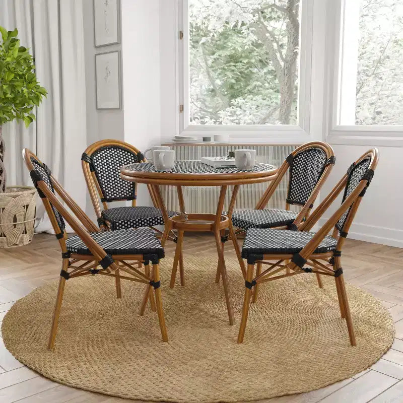 Merrick Lane Sacha Bistro Style Table with Glass Top, PE Rattan, 2 Stack Chairs, and Bamboo Finished Metal Frame for Indoor/Outdoor Use