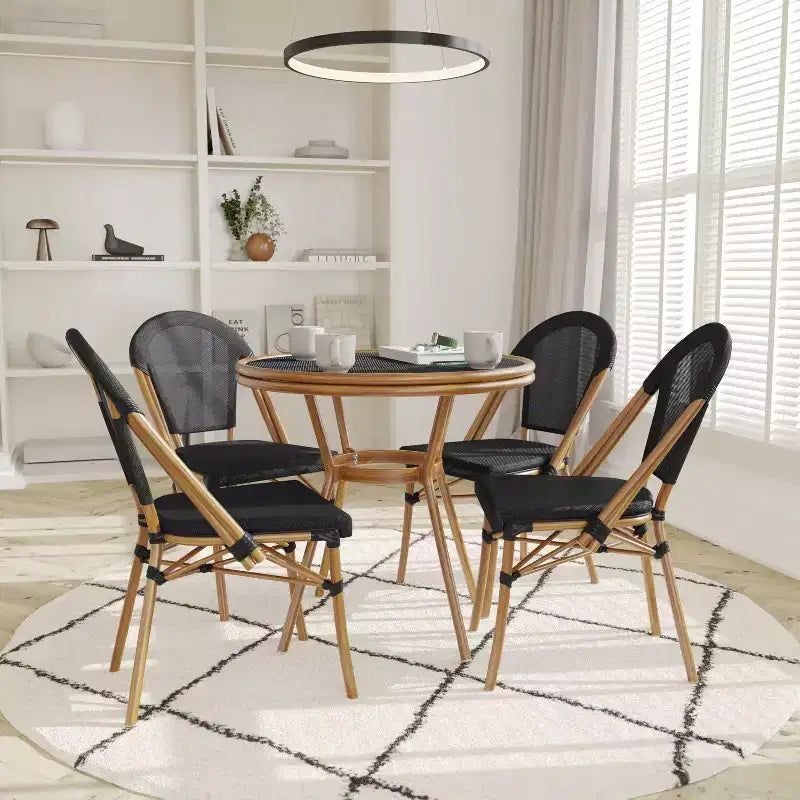 Emma & Oliver Massalia Indoor/Outdoor Bistro Style 31.5 in. Table with Textilene, Glass Top, and Four Chairs - Metal Frame