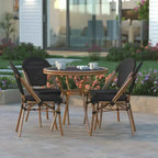 Emma & Oliver Massalia Indoor/Outdoor Bistro Style 31.5 in. Table with Textilene, Glass Top, and Four Chairs - Metal Frame