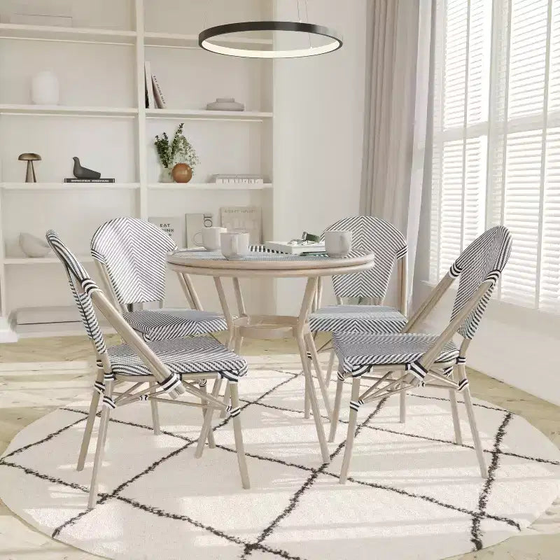 Emma & Oliver Massalia Indoor/Outdoor Bistro Style 31.5 in. Table with Textilene, Glass Top, and Four Chairs - Metal Frame