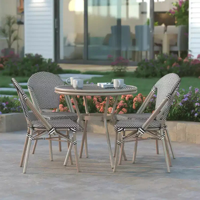 Emma & Oliver Massalia Indoor/Outdoor Bistro Style 31.5 in. Table with Textilene, Glass Top, and Four Chairs - Metal Frame