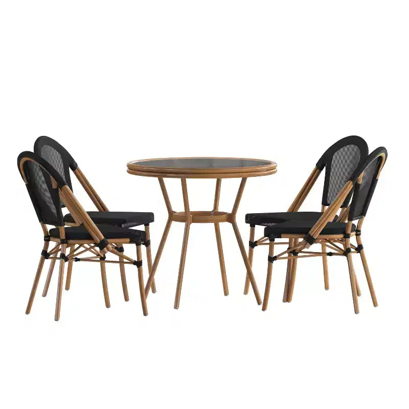 Emma & Oliver Massalia Indoor/Outdoor Bistro Style 31.5 in. Table with Textilene, Glass Top, and Four Chairs - Metal Frame