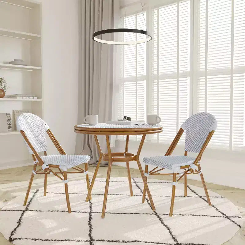 Emma & Oliver Colmar Indoor/Outdoor Bistro Style 31.5 in. Table with PE Rattan, Glass Top, and Two Chairs - Metal Frame