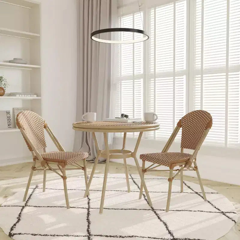 Emma & Oliver Colmar Indoor/Outdoor Bistro Style 31.5 in. Table with PE Rattan, Glass Top, and Two Chairs - Metal Frame