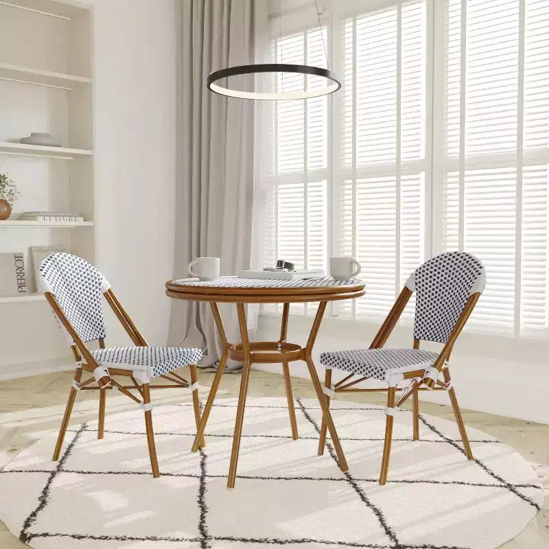 Emma & Oliver Colmar Indoor/Outdoor Bistro Style 31.5 in. Table with PE Rattan, Glass Top, and Two Chairs - Metal Frame