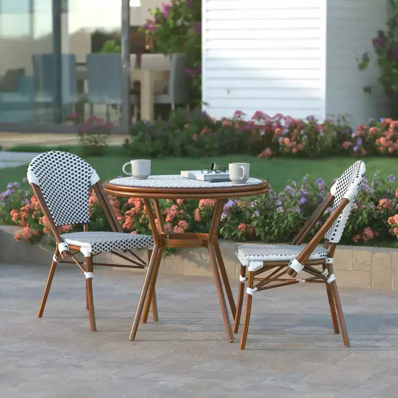 Emma & Oliver Colmar Indoor/Outdoor Bistro Style 31.5 in. Table with PE Rattan, Glass Top, and Two Chairs - Metal Frame
