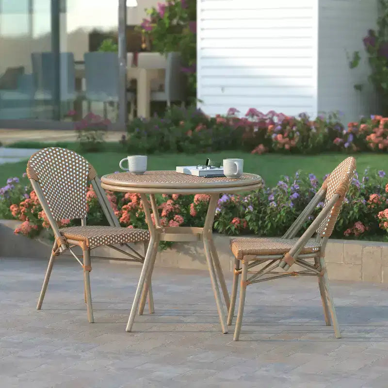 Emma & Oliver Colmar Indoor/Outdoor Bistro Style 31.5 in. Table with PE Rattan, Glass Top, and Two Chairs - Metal Frame