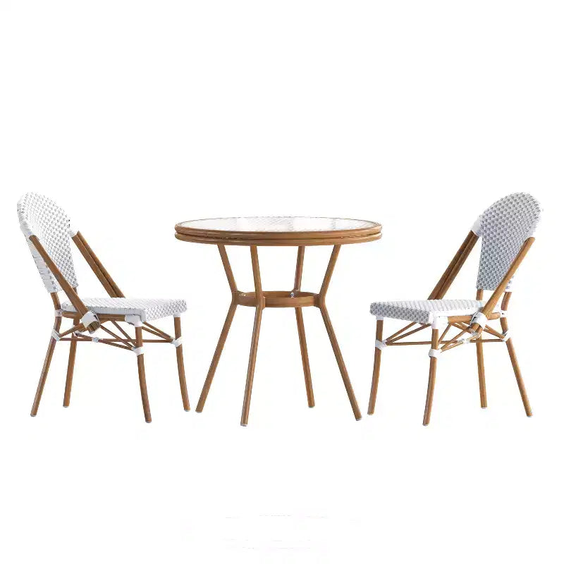Emma & Oliver Colmar Indoor/Outdoor Bistro Style 31.5 in. Table with PE Rattan, Glass Top, and Two Chairs - Metal Frame