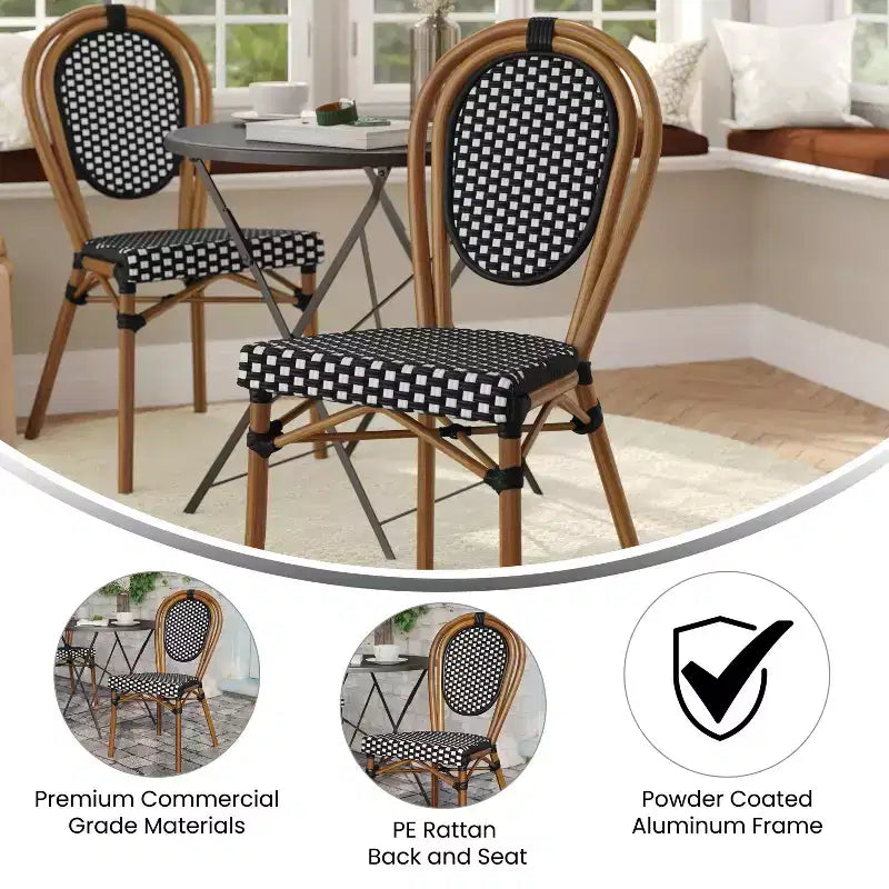 Merrick Lane Celia Stacking Thonet Bistro Style Chair, PE Rattan Seat, and Metal Frame for Indoor/Outdoor Use