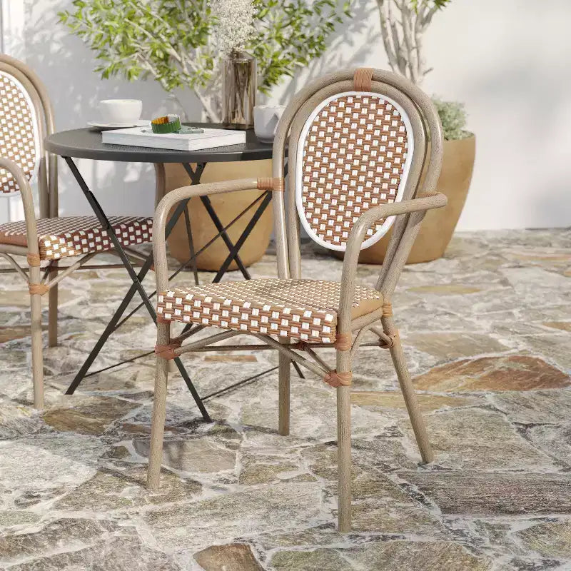 Merrick Lane Celia Stacking Thonet Bistro Style Chair, PE Rattan Seat, and Metal Frame for Indoor/Outdoor Use