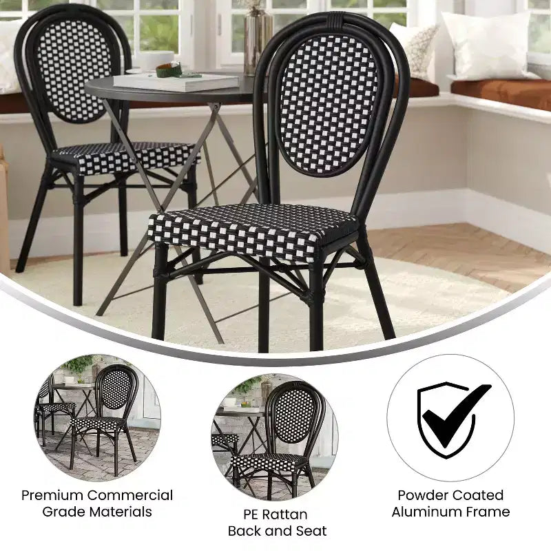 Merrick Lane Celia Stacking Thonet Bistro Style Chair, PE Rattan Seat, and Metal Frame for Indoor/Outdoor Use