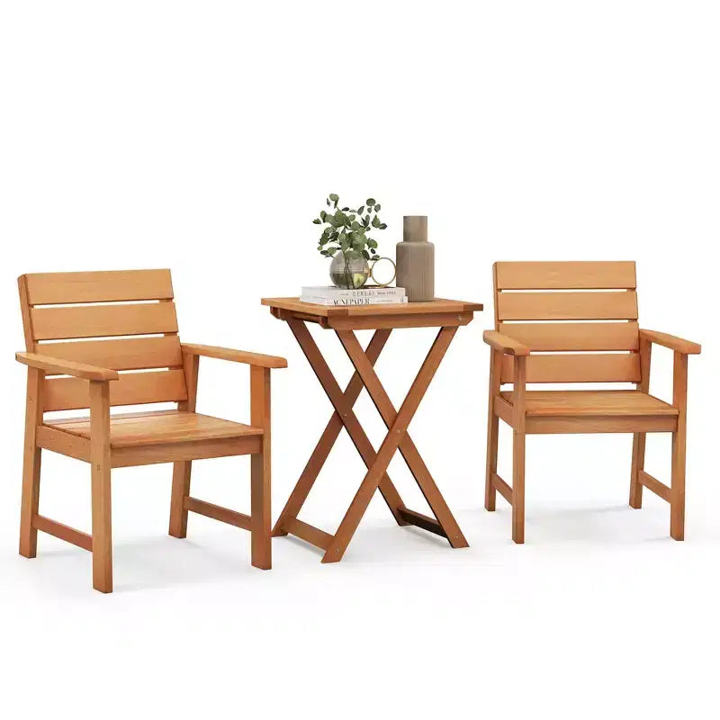 Costway 3-PCS Outdoor Wood Bistro Set with 2 Hardwood Chairs & Folding Bistro Table Patio