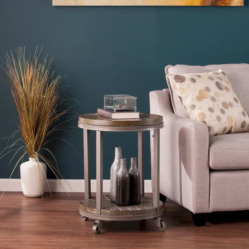 SEI Furniture Kenya Industrial Brown Wood Round Side Table with Shelf