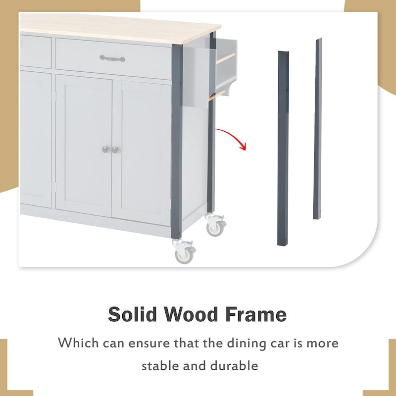 Essential MDF Kitchen Island Cart with Solid Wood Top, Locking Wheels, and Spice Rack