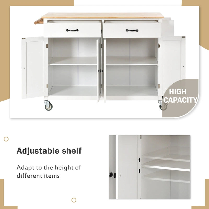 Essential MDF Kitchen Island Cart with Solid Wood Top, Locking Wheels, and Spice Rack