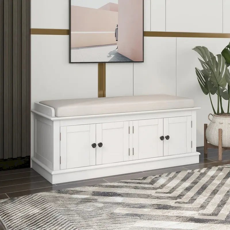 Storage Bench with 4 Doors and Adjustable Shelves with Removable Cushion (Antique Navy)
