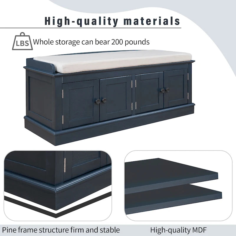 Storage Bench with 4 Doors and Adjustable Shelves with Removable Cushion (Antique Navy)