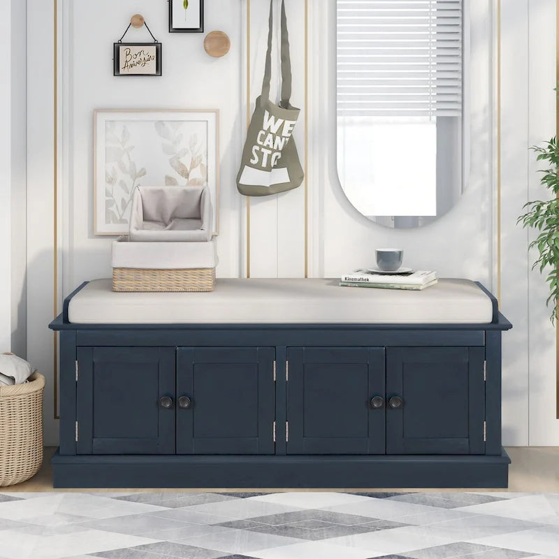 Storage Bench with 4 Doors and Adjustable Shelves with Removable Cushion (Antique Navy)