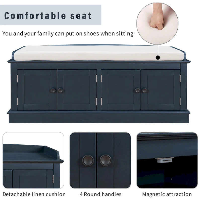 Storage Bench with 4 Doors and Adjustable Shelves with Removable Cushion (Antique Navy)