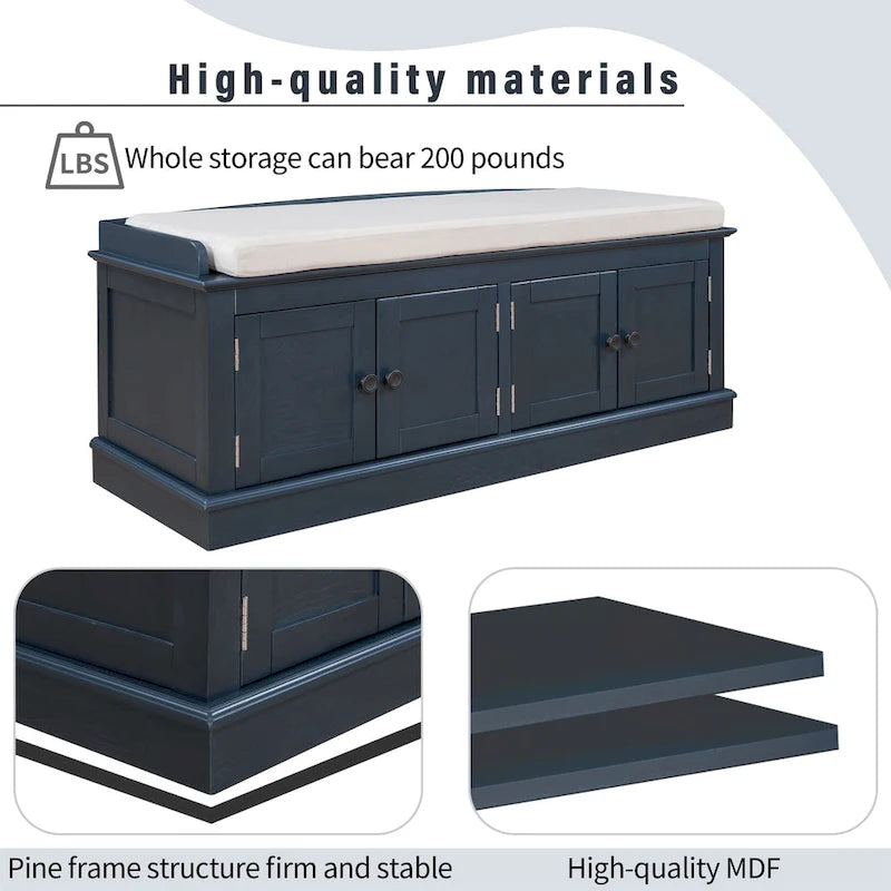 Storage Bench with 4 Doors and Adjustable Shelves with Removable Cushion (Antique Navy)