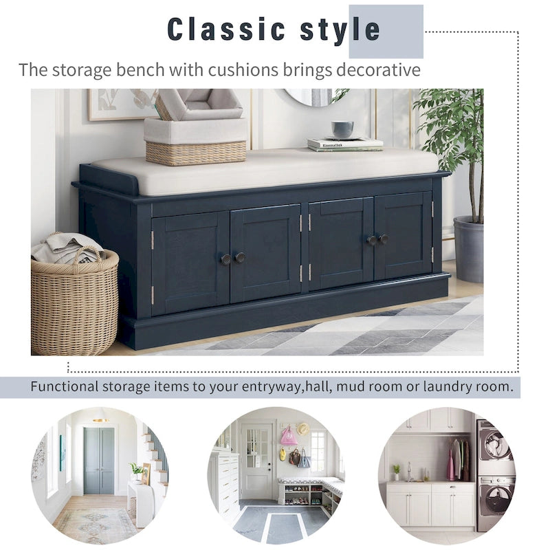 Storage Bench with 4 Doors and Adjustable Shelves with Removable Cushion (Antique Navy)