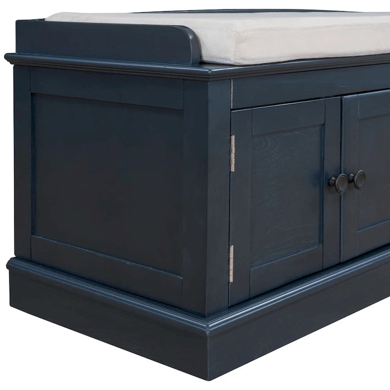 Storage Bench with 4 Doors and Adjustable Shelves with Removable Cushion (Antique Navy)